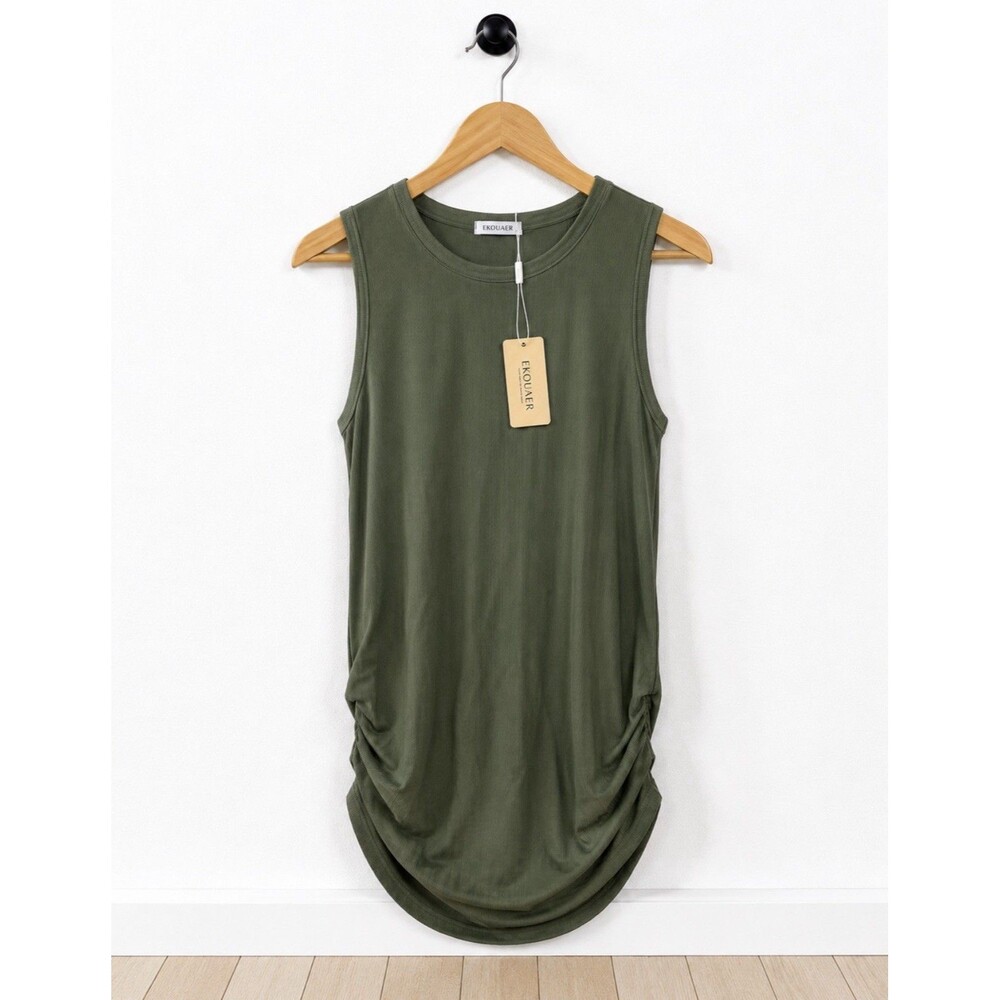 Ekouaer Women's XL Olive Green Ruched Sleep Shirt Nightgown Ribbed Sleeveless
